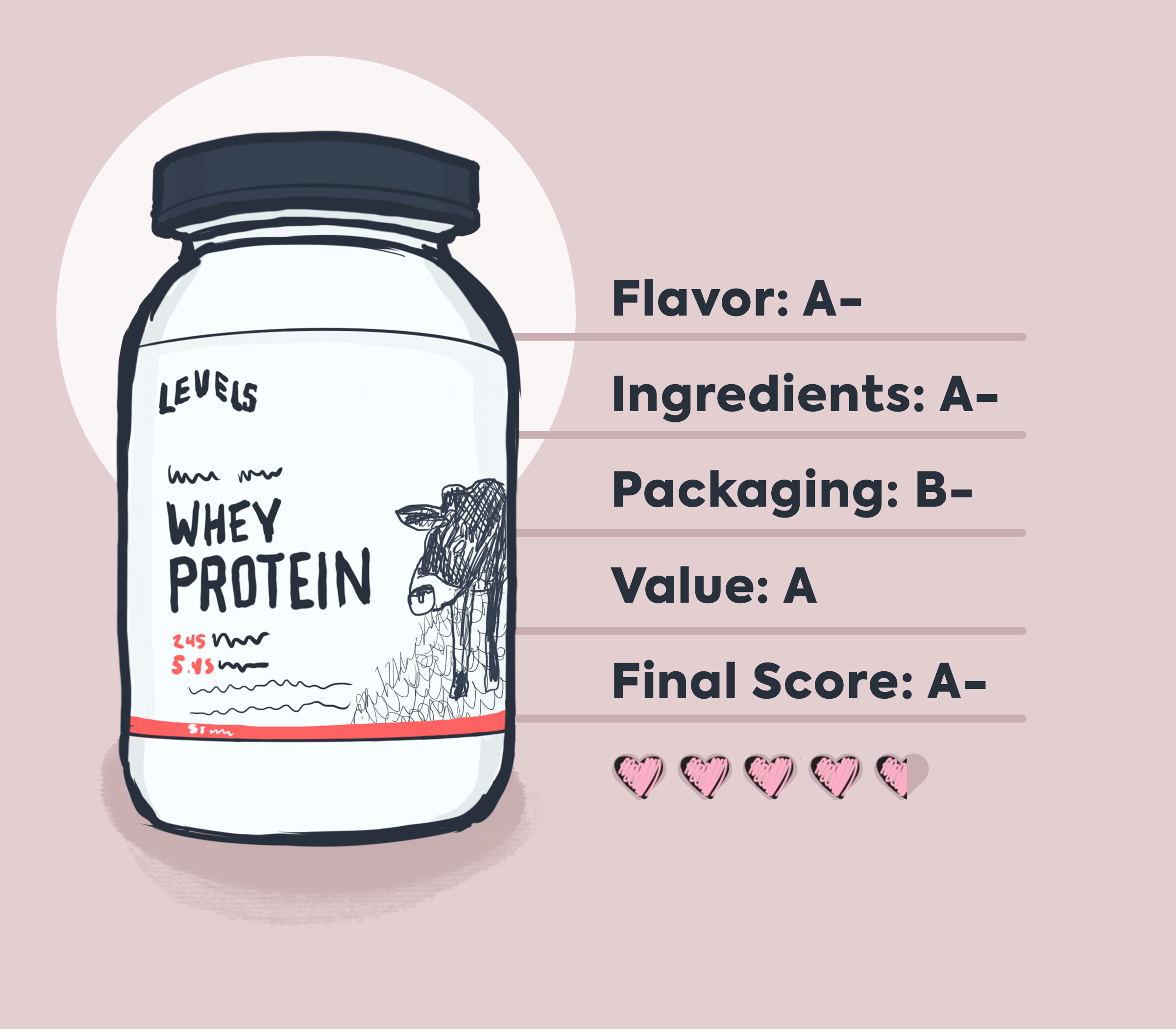 Levels Grass-Fed Protein review inforgraphic - cartoon product illustration with review details in text overlay
